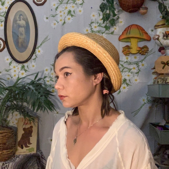 Vintage Accessories - Vintage 80s rolled brim tan woven straw sun hat